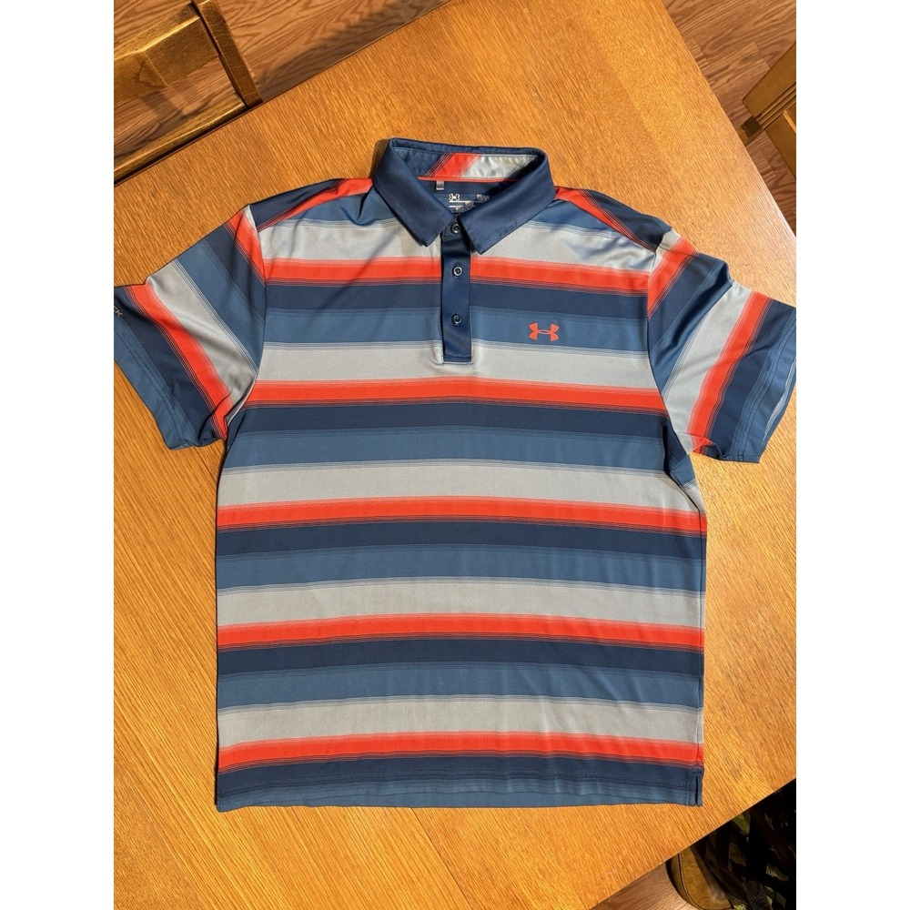 Under Armour HeatGear Coldblack Golf Polo Mens LG Blue Stripe Performance - Picture 3 of 8
